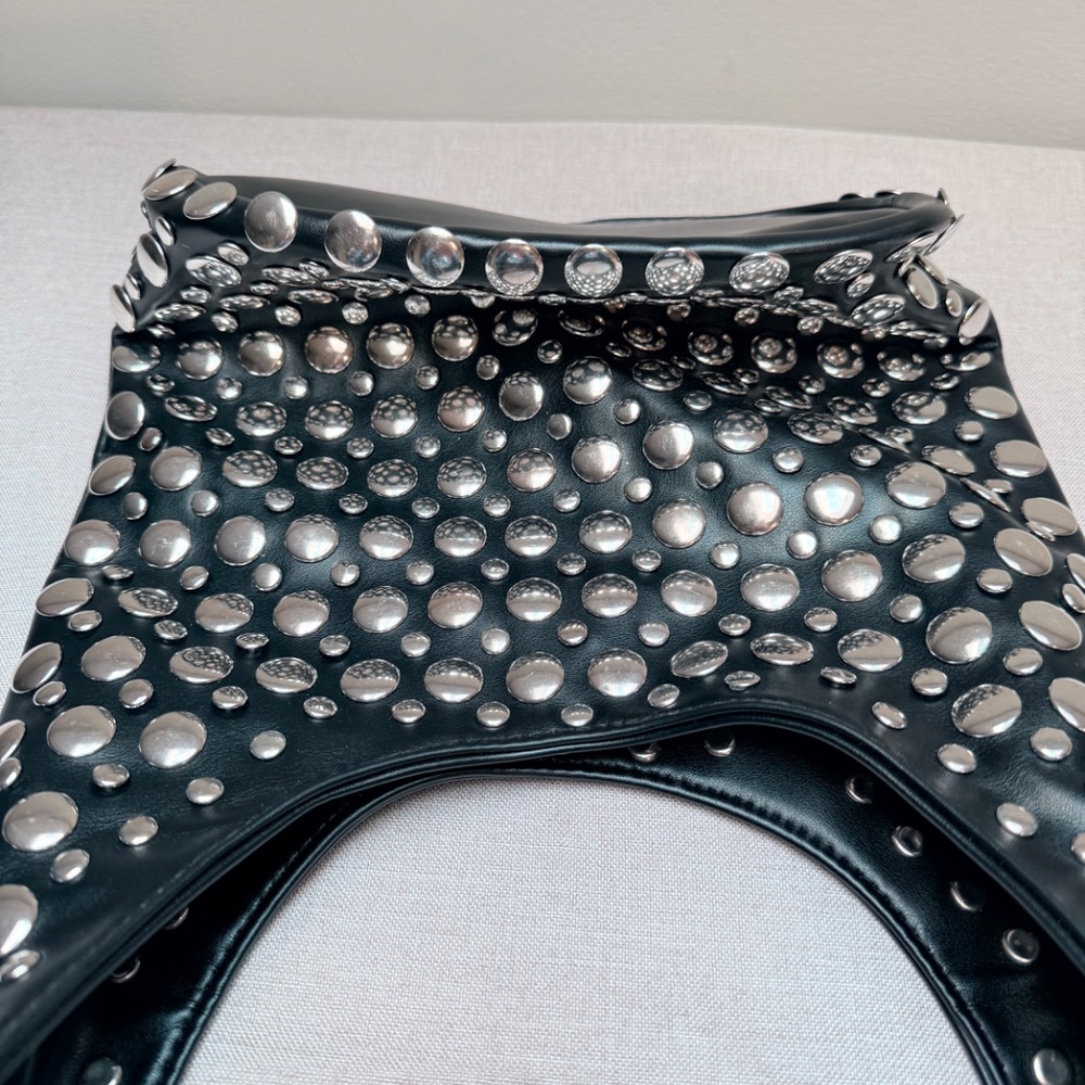 Black Studded Hobo Bag with Silver Accents - Picture 9 of 12